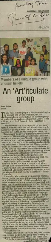 Sonu Bohra (Reporter), An 'Art'Itculate Group, 2008, Newspaper Clipping