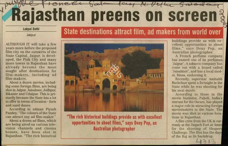 Lokpal Sethi (Reporter), Rajasthan Preens on Screen, 2005, Newspaper Clipping