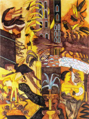 Subramanyan, K.G. (Artist). Pichvai 2-Firefighters, n.d. | Painting, Ch.Lon/02.06.98