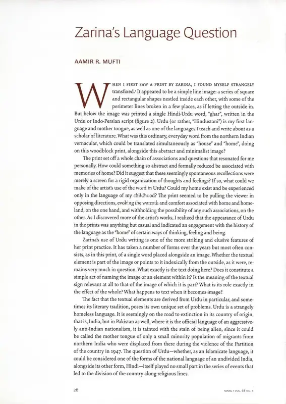 Aamir R. Mufti (Essayist), Zarina's Language Question, 2016, Essay