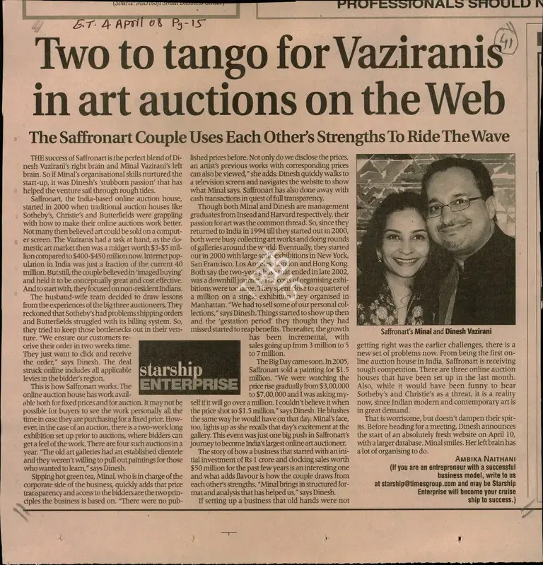 Ambika Naithani (Reporter), Two top Tango for Vaziranis in Art Aucions on the Web, 2008, Newspaper Clipping
