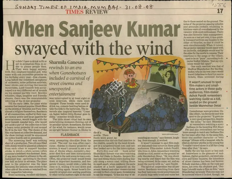 Deepa Suryanarayanan (Reporter), When Sanjeev Kumar Swayed with the Wind, 2008, Newspaper Clipping