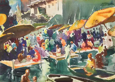 S.H. Raza (Artist), Untitled (Market Scene), 1945, Painting