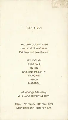 An Exhibition of Recent Paintings and Sculptures by Adimoolam, Adivrekar, Andani, Dakshina Moorthy, Nangare, Shenoy and Shamendu, 1994, Group Exhibition Invitation