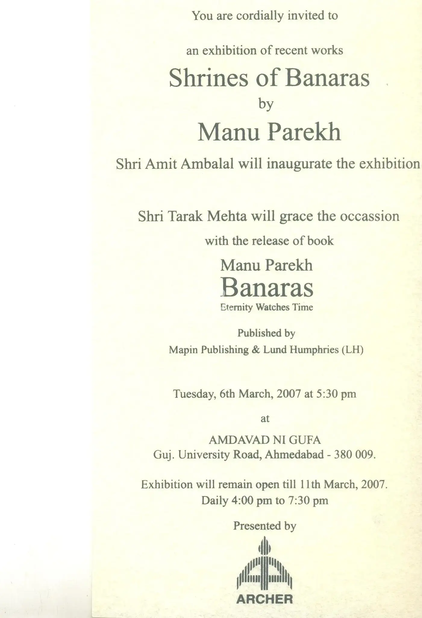 Manu Parekh (Artist), Manu Parekh, 2007, Solo Exhibition Invitation