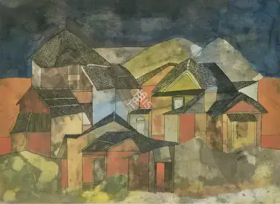 Badri Narayan (Artist), House by the Hills, 1998, Painting