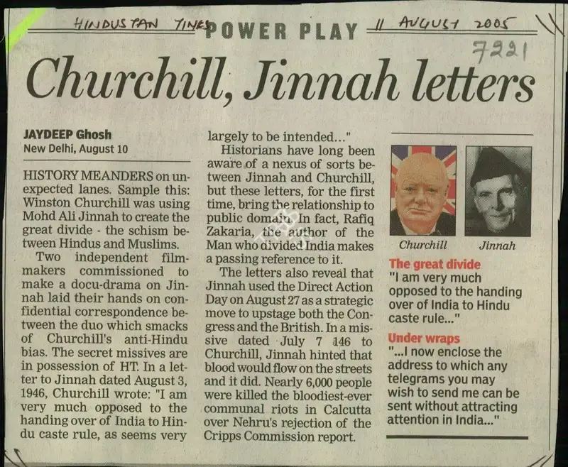 Jaydeep Ghosh (Reporter), Churchill, Jinnah Letters, 2005, Newspaper Clipping