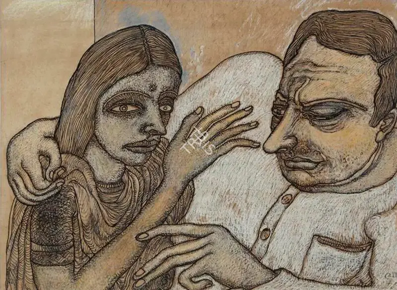 Jogen Chowdhury (Artist), Man and Woman, 1990, Painting