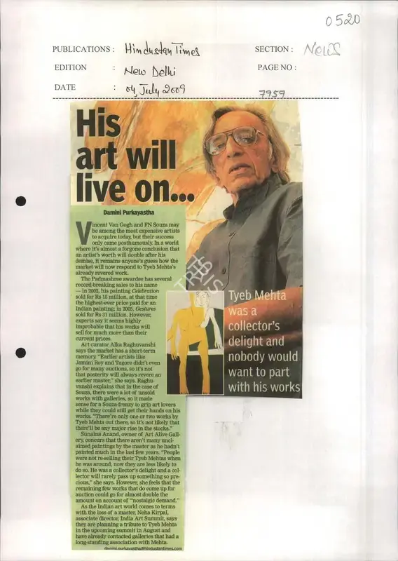Damini Purkayastha (Reporter), His Art will Live on, 2009, Newspaper Clipping