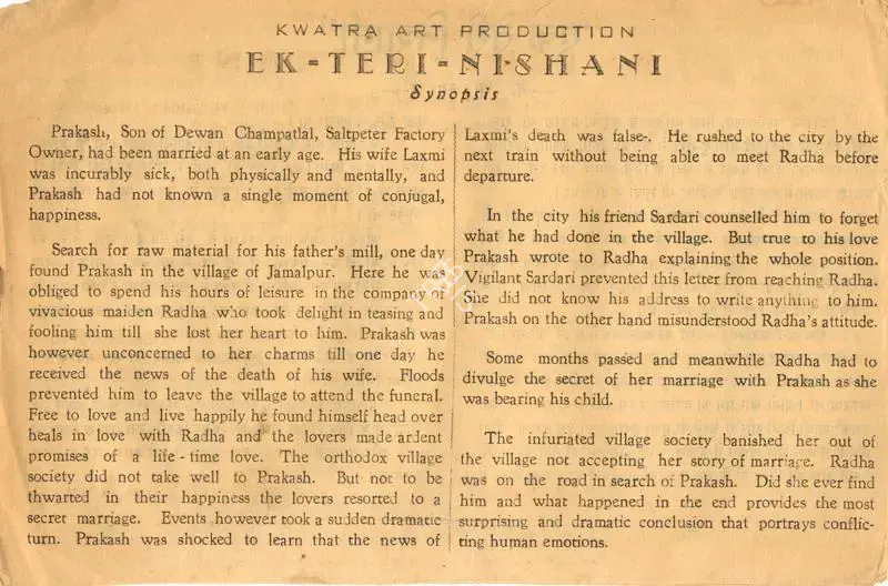 B.K. Sagar (Director), Ek Teri Nishani, 1949, Song-Synopsis Booklet