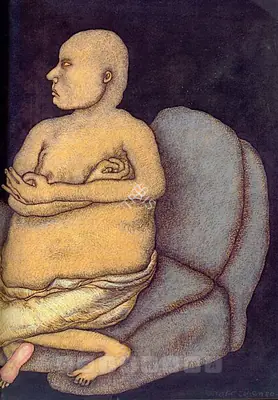 Chowdhury, Jogen (Artist). Man Sitting On Sofa, 1980 | Painting, AG.Onl/21.08.08, 2008 · Asta Guru