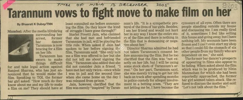 Bhaarati K. Dubey (Reporter), Tarannum Vows to Fight Move to Make Film On Her, 2005, Newspaper Clipping