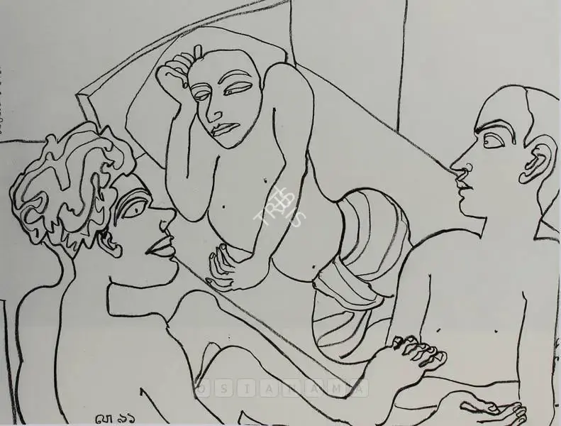 Jogen Chowdhury (Artist), Three Men, 1991, Drawing