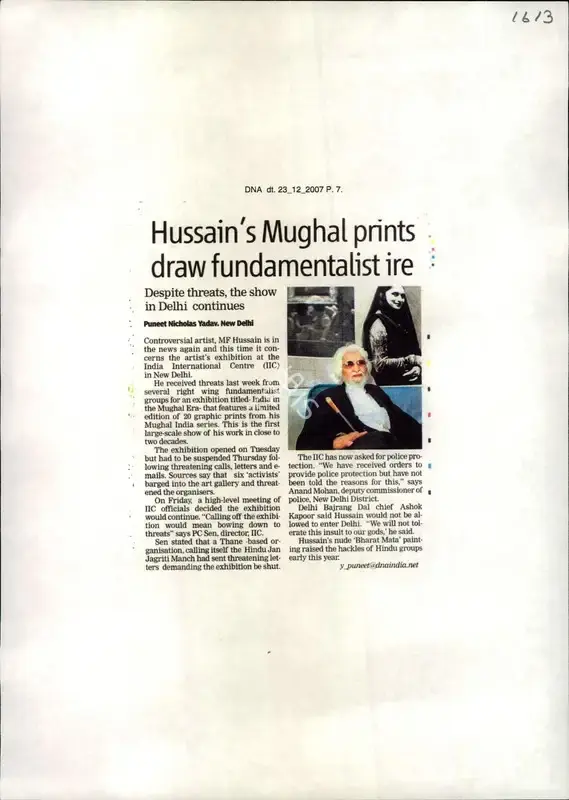 Puneet Nicholas Yadav (Reporter), Hussain's Mughal prints draw fundamentalist ire, 2007, Newspaper Clipping