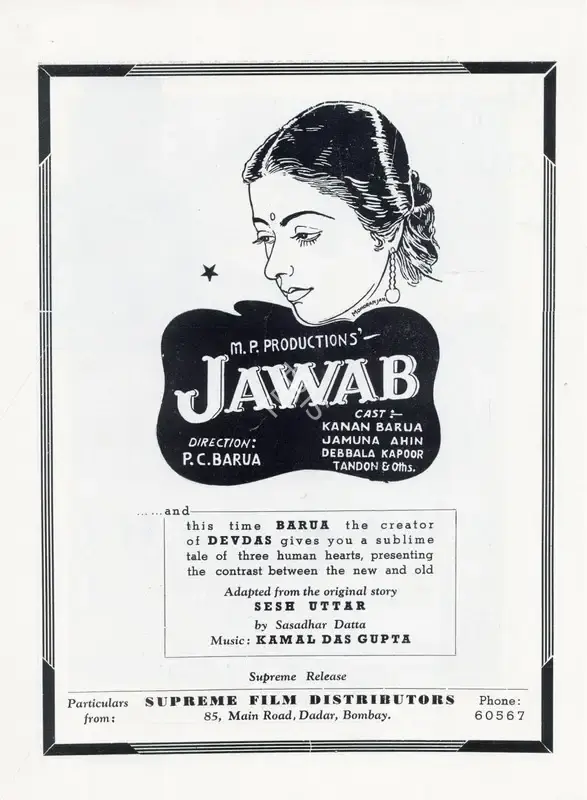 P.C. Barua (Director), Jawab, 1942, Advertisement