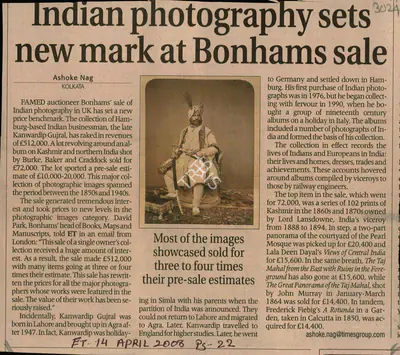 Ashoke Nag (Reporter), Indian Photography Sets New Mark at Bonhams Sale, 2008, Newspaper Clipping