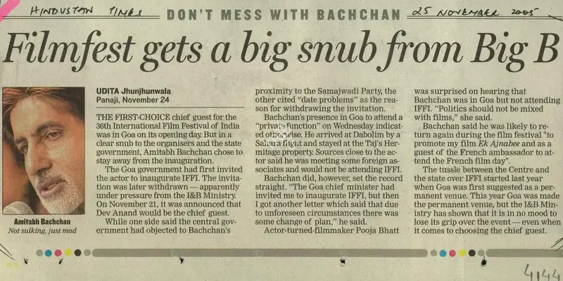 Udita Jhunjhunwala (Reporter), Filmfest gets a big snub from Big B, 2005, Newspaper Clipping