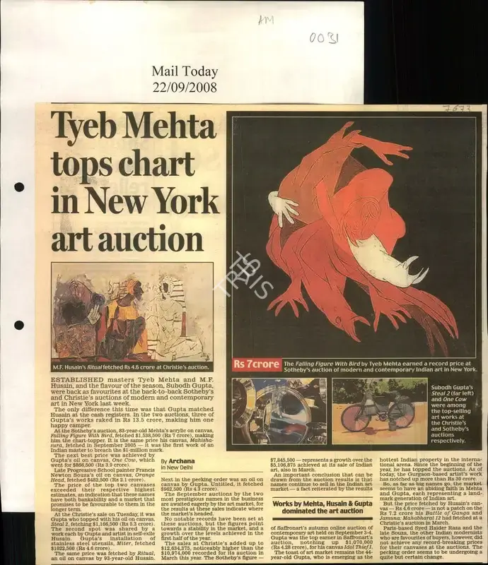 Archana Khare (Reporter), Tyeb Mehta tops Chart in New York Art Auction, 2008, Newspaper Clipping