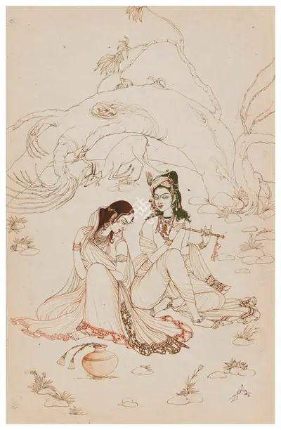 M.A.R. Chughtai (Artist), Untitled (Radha and Krishna), Painting