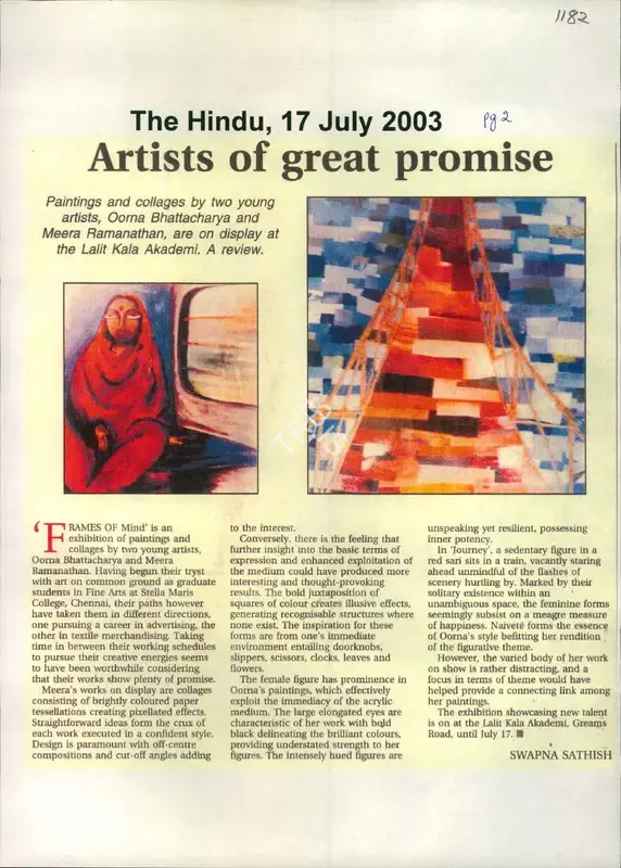 Swapna Sathish (Reporter), Artists of Great Promise, 2003, Newspaper Clipping