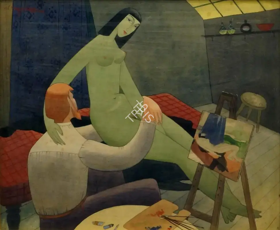 Vishwanath Nageshkar (Artist), Artist and Model, 1949, Painting