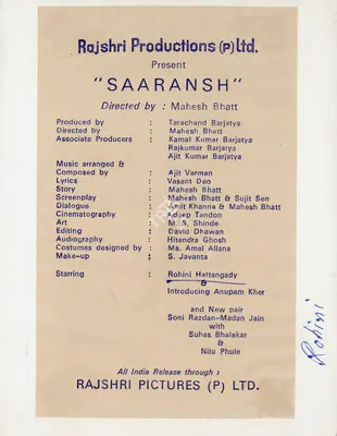 Mahesh Bhatt (Director), Saaransh, 1984, Song-Synopsis Booklet