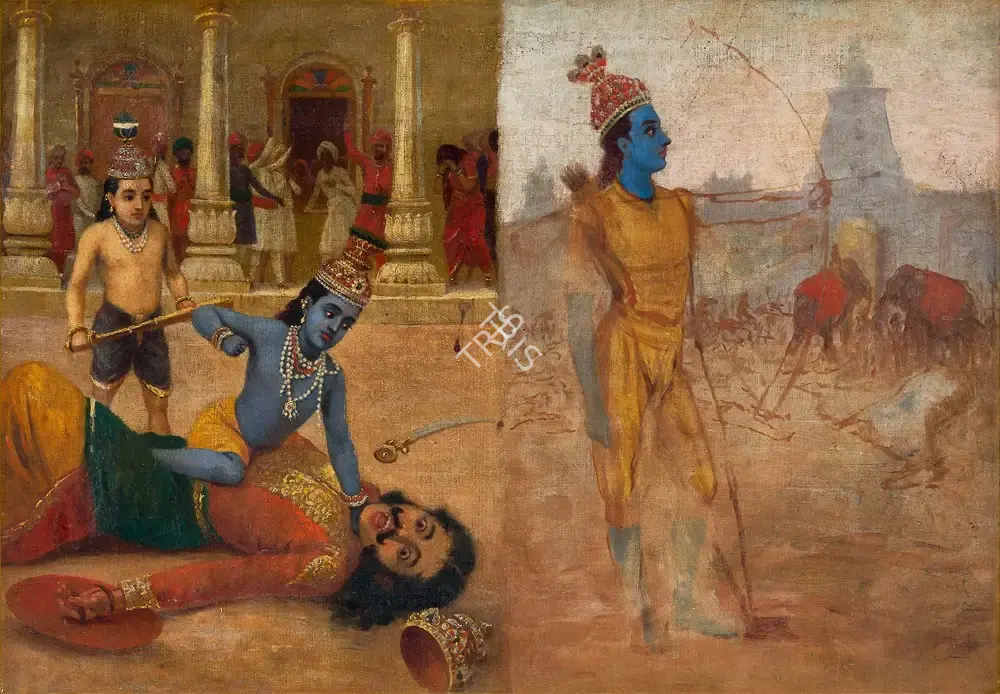 Varma, Raja Ravi (Artist). Killing of Kamsa (left), Figure of Youthful Krishna (right), n.d. | Painting, Pu.Mum/23.02.23, 2023 · Pundole