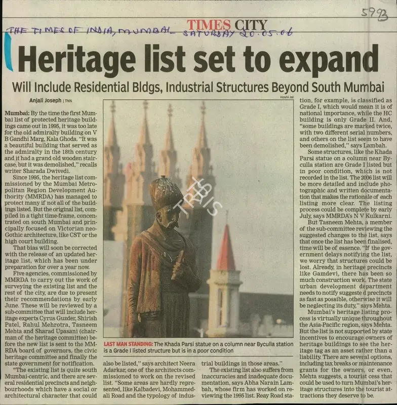 Anjali Joseph (Reporter), Heritage List Set to Expand, 2006, Newspaper Clipping