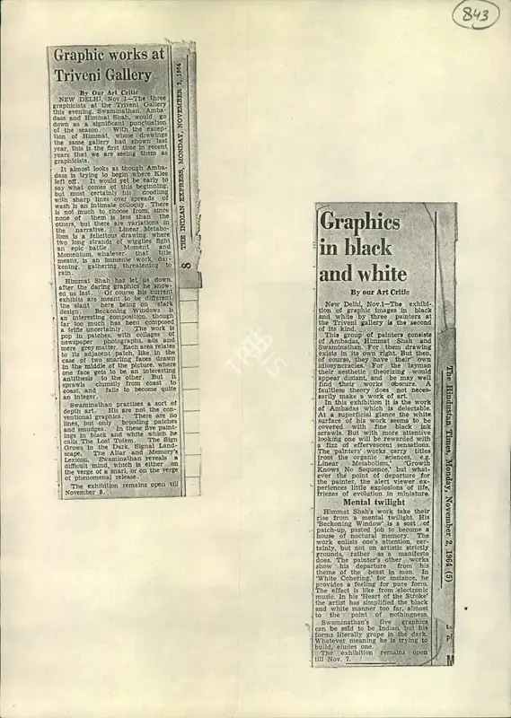 Graphic Works at Triveni Gallery, 1964, Newspaper Clipping