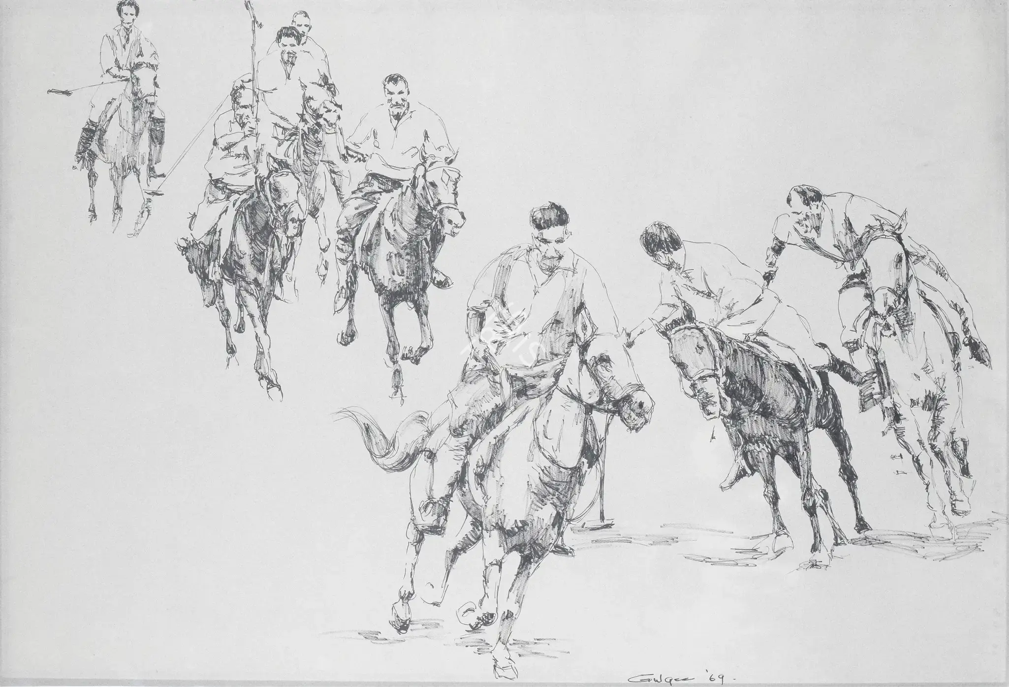 Ismail Gulgee (Artist), Polo Players, 1969, Drawing