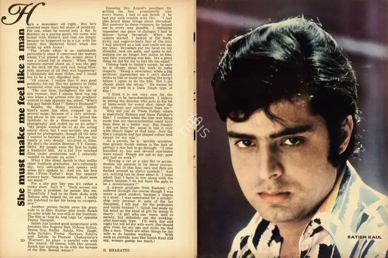 N. Bharathi (Interviewer), She must make me feel like a man, 1974, Conversation