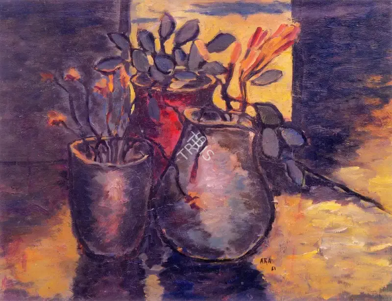 K.H. Ara (Artist), Still Life with 3 pots, 1961, Painting