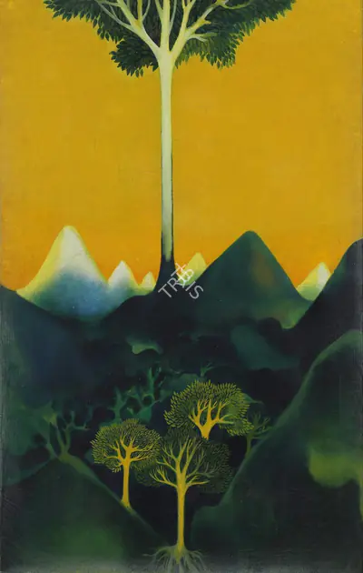 G.M. Sheikh (Artist), Tree over Mountains, 1970, Painting
