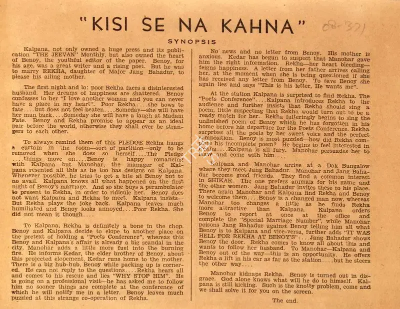 Keshavrao Date (Director), Kisi Se Na Kahna, 1942, Song-Synopsis Booklet