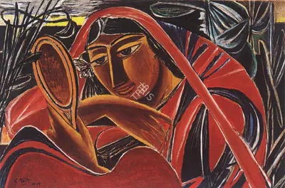George Keyt (Artist), Woman with Mirror, 1944, Painting
