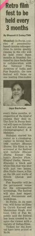 Bhaarati K. Dubey (Reporter), Retro Film Fest to Be Held Every 3 Months, 2005, Newspaper Clipping