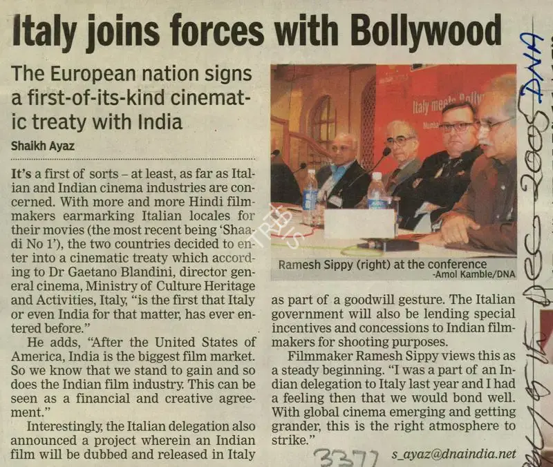 Shaikh Ayaz (Reporter), Italy Joins Forces with Bollywood, 2005, Newspaper Clipping