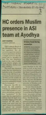 Amit Sharma (Reporter), HC Orders Muslim Presence in ASI Team At Ayodhya, 2003, Newspaper Clipping