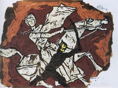 Husain, M. F. (Artist). Ranee of Jhansi-A recast of an early period in the Indian History. Mixed media on paper, 1985 | Maqbool Fida Husain, 2008 | Painting | FineArts | 00495191