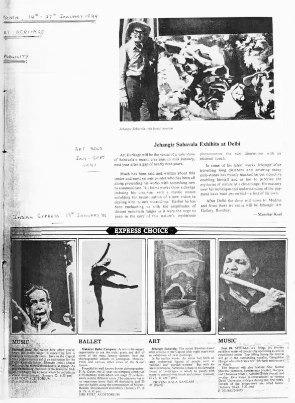 Manohar Kaul (Writer), Jehangir Sabavala Exhibits at Delhi , 1987, Newspaper Clipping