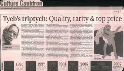 Uma Nair (Writer), Tyeb's Triptych: Quality, Rarity & Top Price, 2007, Newspaper clipping
