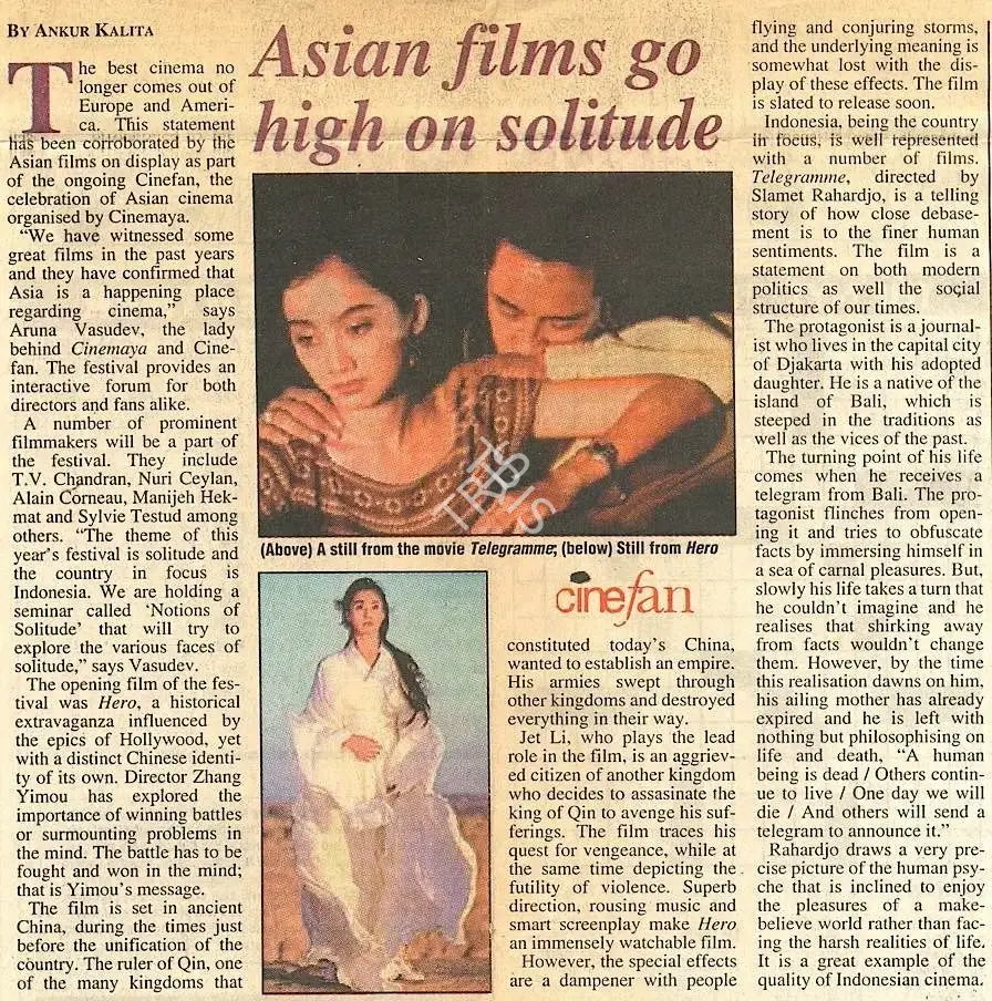 Ankur Kalita (Writer), Asian films go high on solitude, 2003, Newspaper Clipping