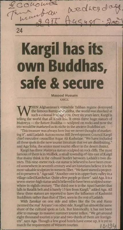 Masood Hussain (Reporter), Kargil has its own Buddhas, safe & Secure, 2007, Newspaper Clipping