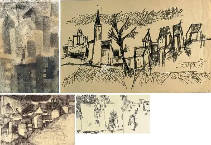 Anjolie Ela Menon (Artist), Townscape, 1957, Drawing