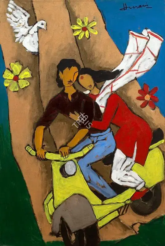 M.F. Husain (Artist), It has to be an Italian invention of Vespa scooters to make lovers embrace each other, 1989, Painting