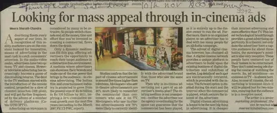 Meera Sharath Chandra (Reporter), Looking For Mass Appeal Through In-Cinema Ads, 2007, Newspaper Clipping
