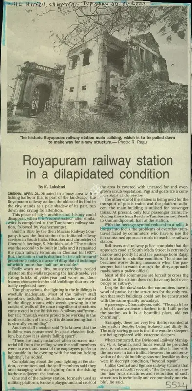 K. Lakshmi (Reporter), Royapuram Railway Station in a Dilapidated Condition, 2003, Newspaper Clipping