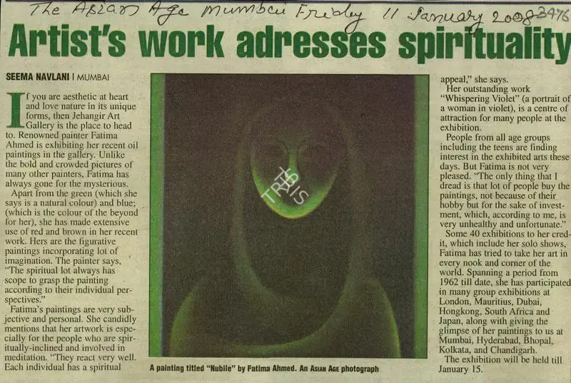 Seema Navlani (Reporter), Artist's Work Adresses Spiritulaty, 2008, Newspaper Clipping