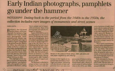 Gargi Gupta (Reporter), Early Indian Photographs, Pamphlets go under the Hammer, 2008, Newspaper Clipping