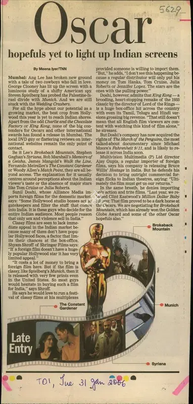 Meena Iyer (Reporter), Oscar Hopefuls Yet To Light Up Indian Screens, 2006, Newspaper Clipping